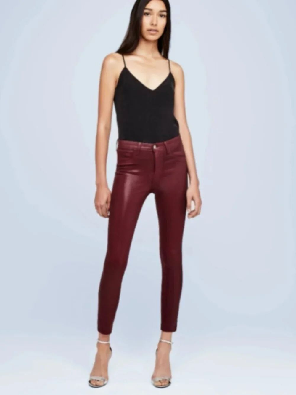 Like New! L'AGENCE Margot High Rise Coated Crop Skinny Jeans Garnet Burgundy 27